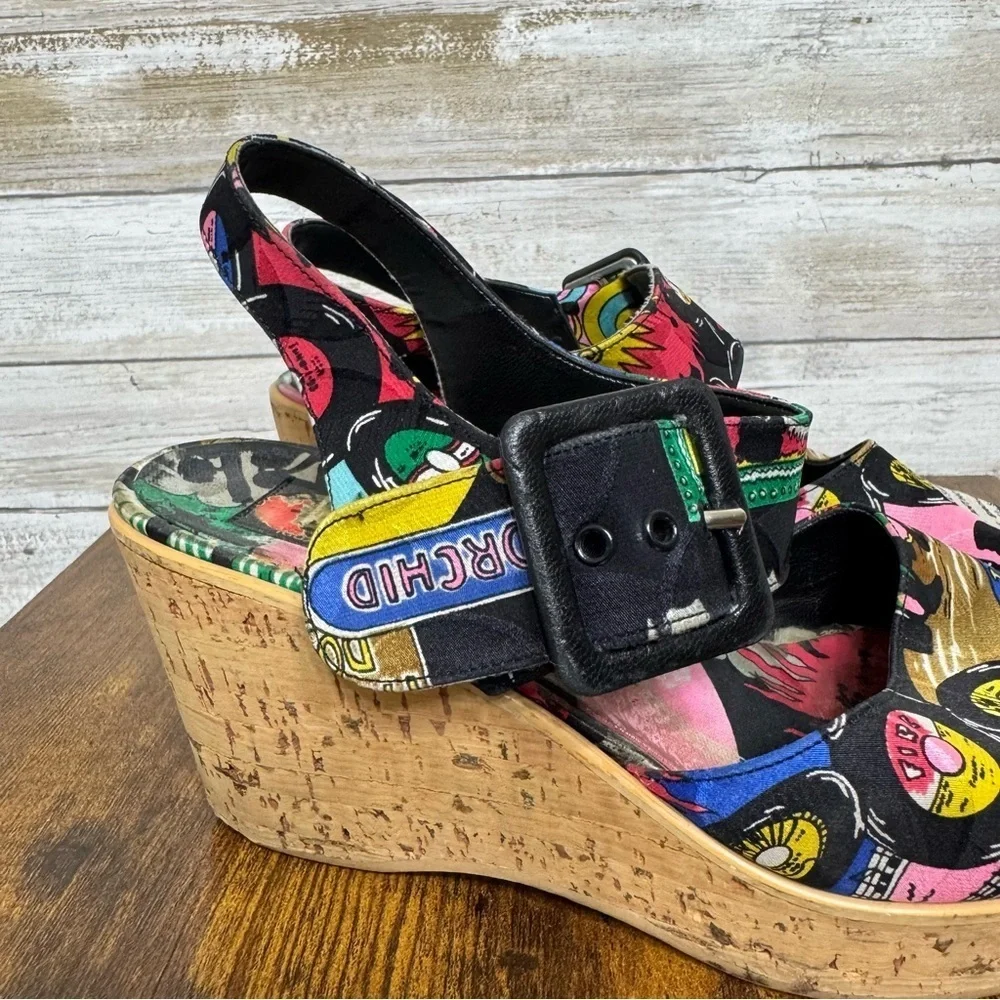 Nicole Miller Silk Platform Wedge Sandals 1960's Jazz Soul Music Pattern Size 7